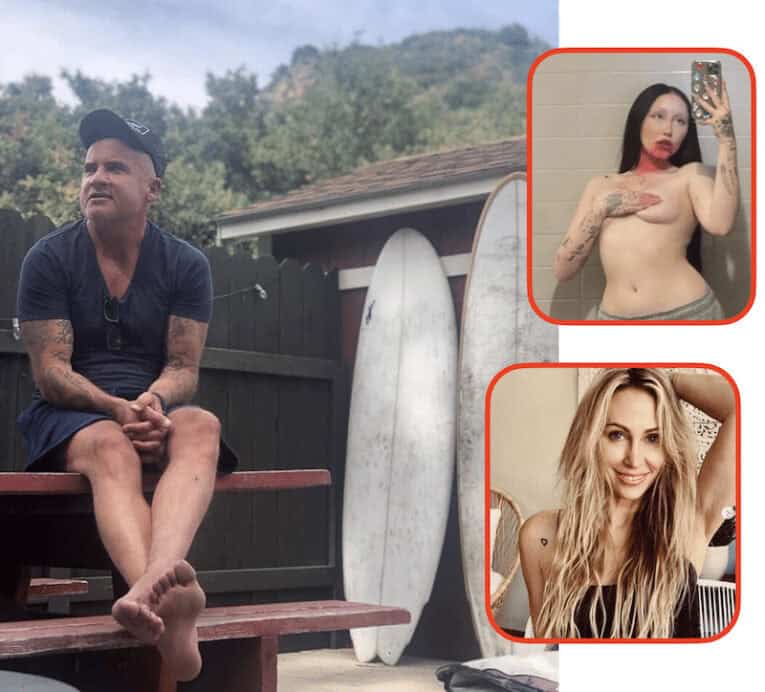 Dom Purcell with surfboards and Noah Cyrus (top right) and Tish Cyrus (bottom right).